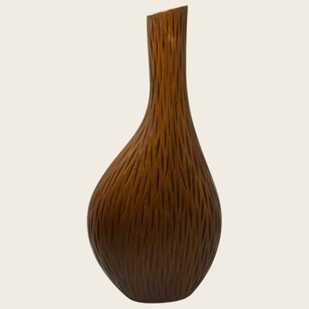 Vintage 1980s Carved Wood Vase Sculptural Boho Organic Feathered Flame